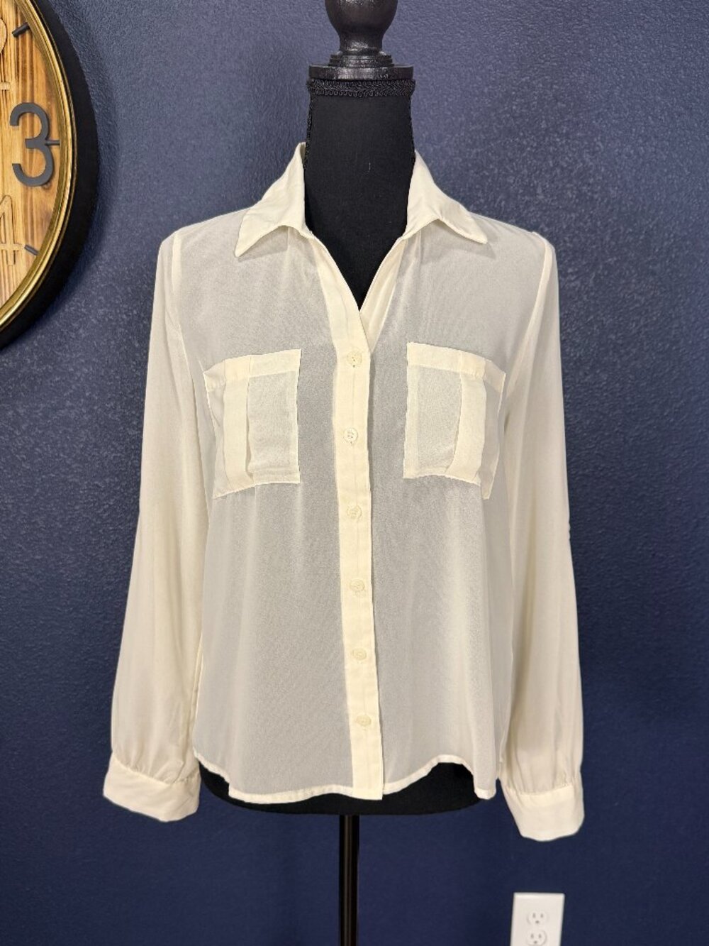 Mine Ivory Sheer Chiffon Button Down Blouse | S - Picture 1 of 7